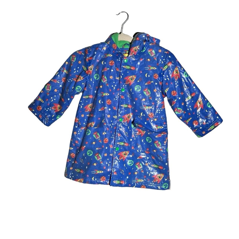 Pluie Pluie Blue Outer Space Rocket Ship Fleece Lined Raincoat Kids 4/5